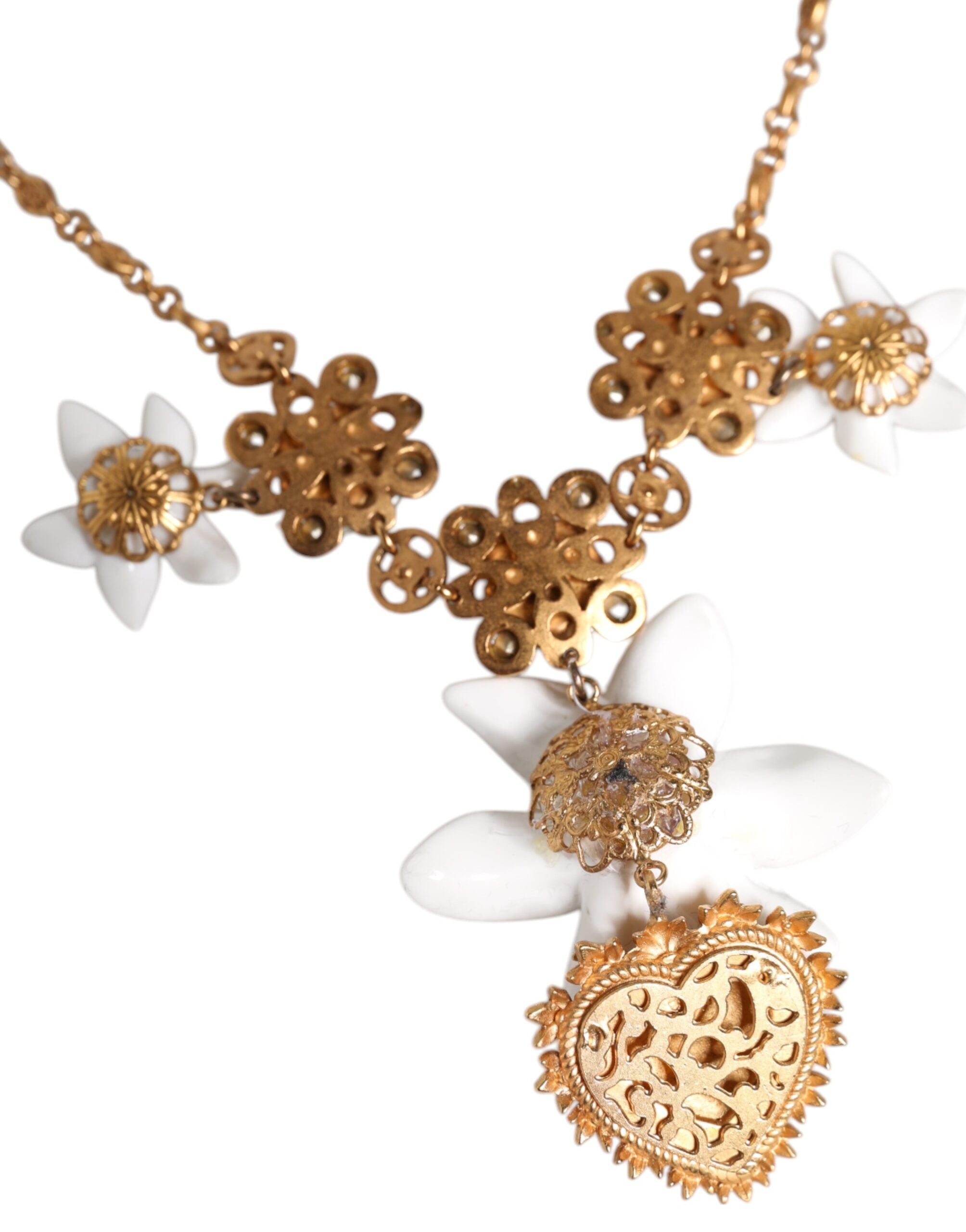 Dolce & Gabbana Gold Brass Lily Crystal Sacred Heart Pendant Necklace - Zeiniez