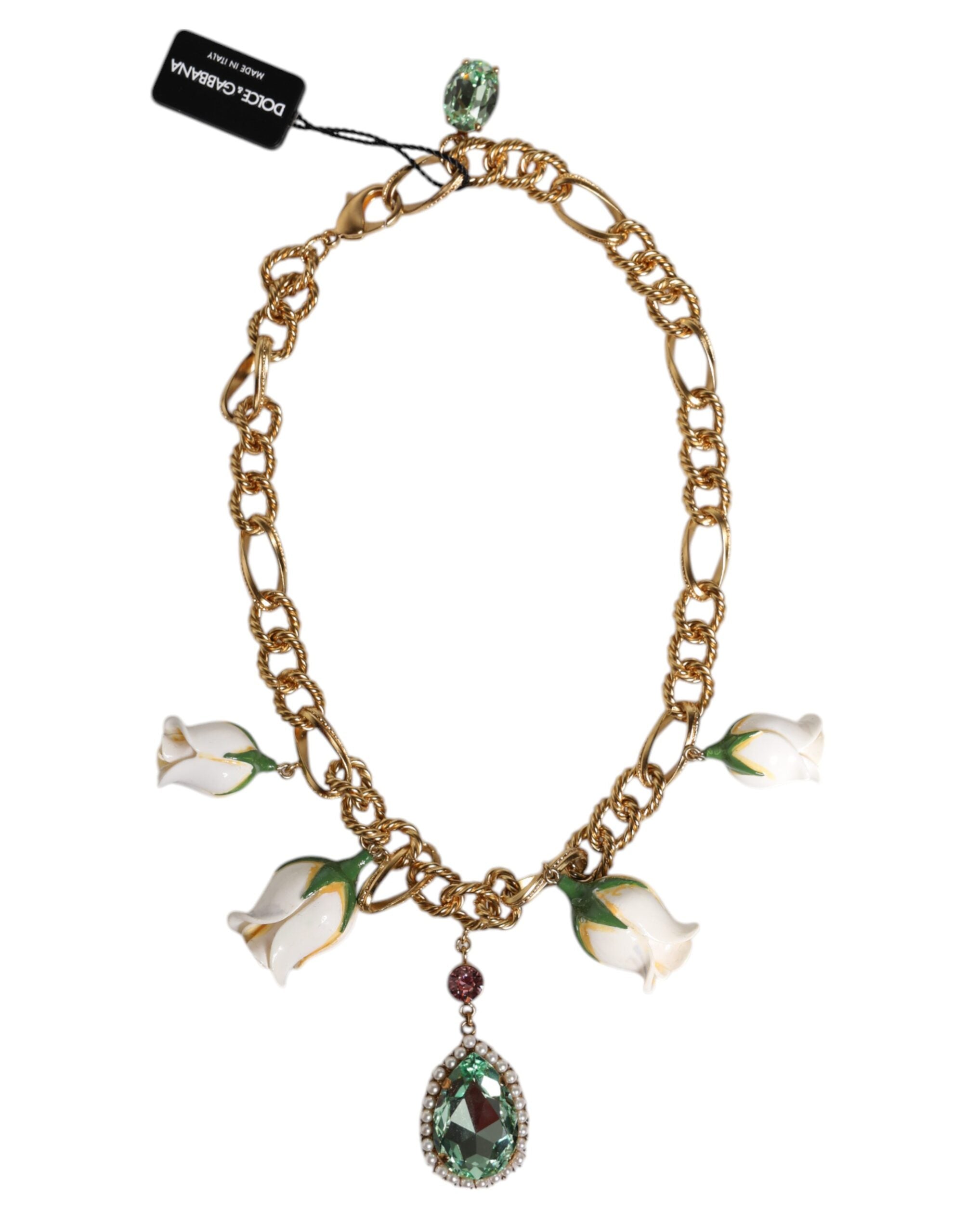 Dolce & Gabbana Gold Brass Short Chain Flower Crystal Pendant Necklace - Zeiniez