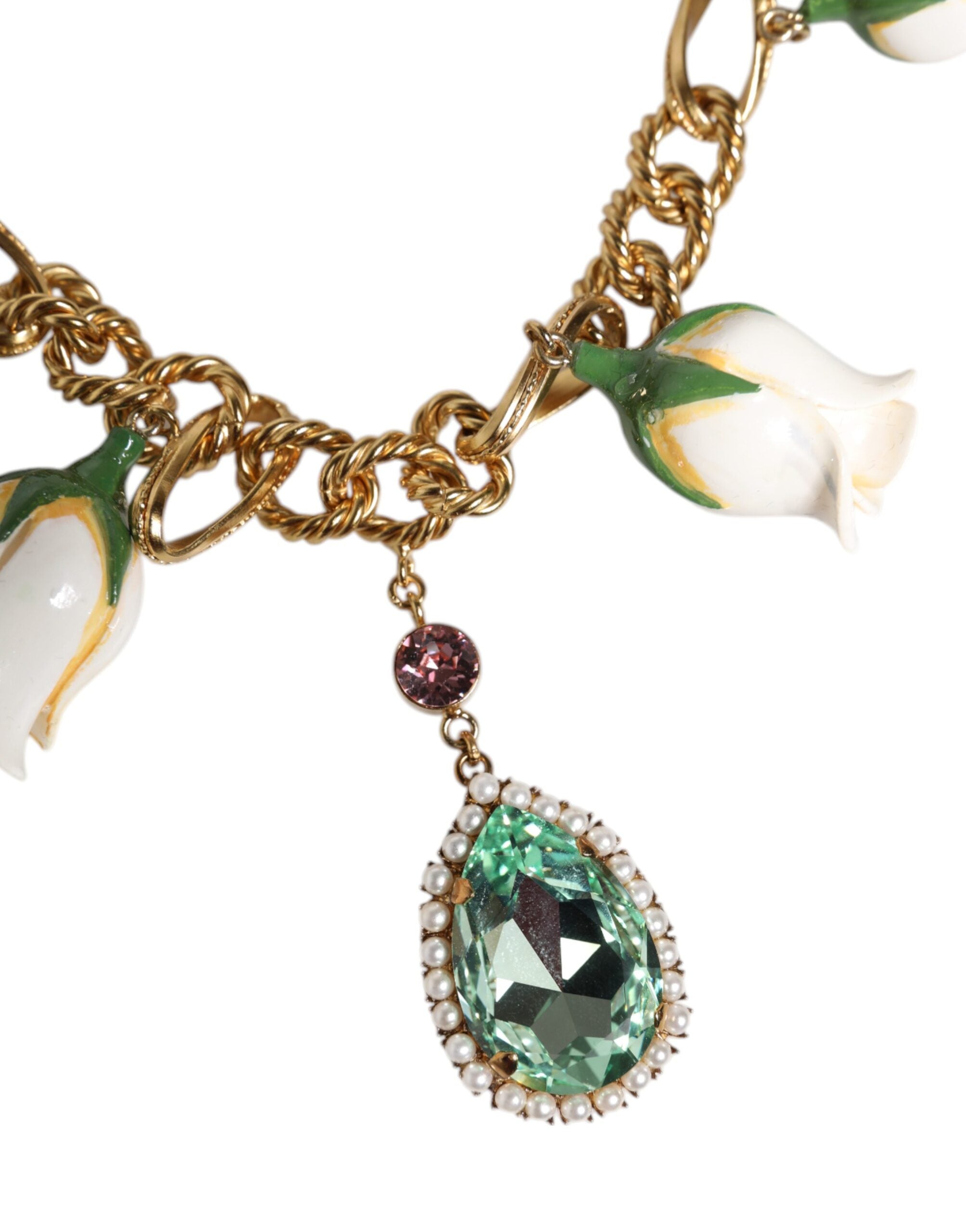 Dolce & Gabbana Gold Brass Short Chain Flower Crystal Pendant Necklace - Zeiniez
