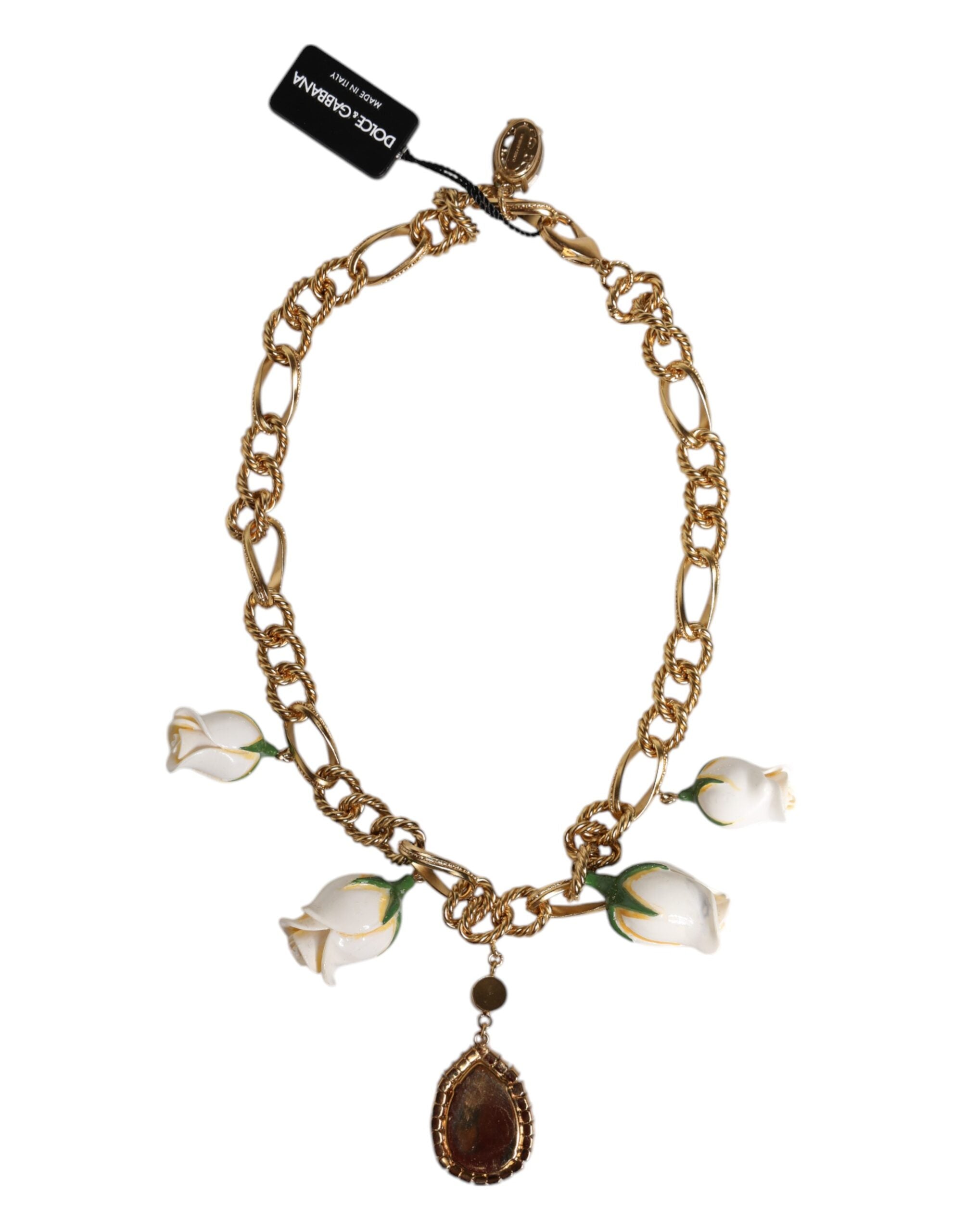 Dolce & Gabbana Gold Brass Short Chain Flower Crystal Pendant Necklace - Zeiniez