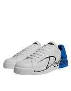 Dolce & Gabbana White Blue Leather Logo Low Top Sneakers Shoes - Zeiniez