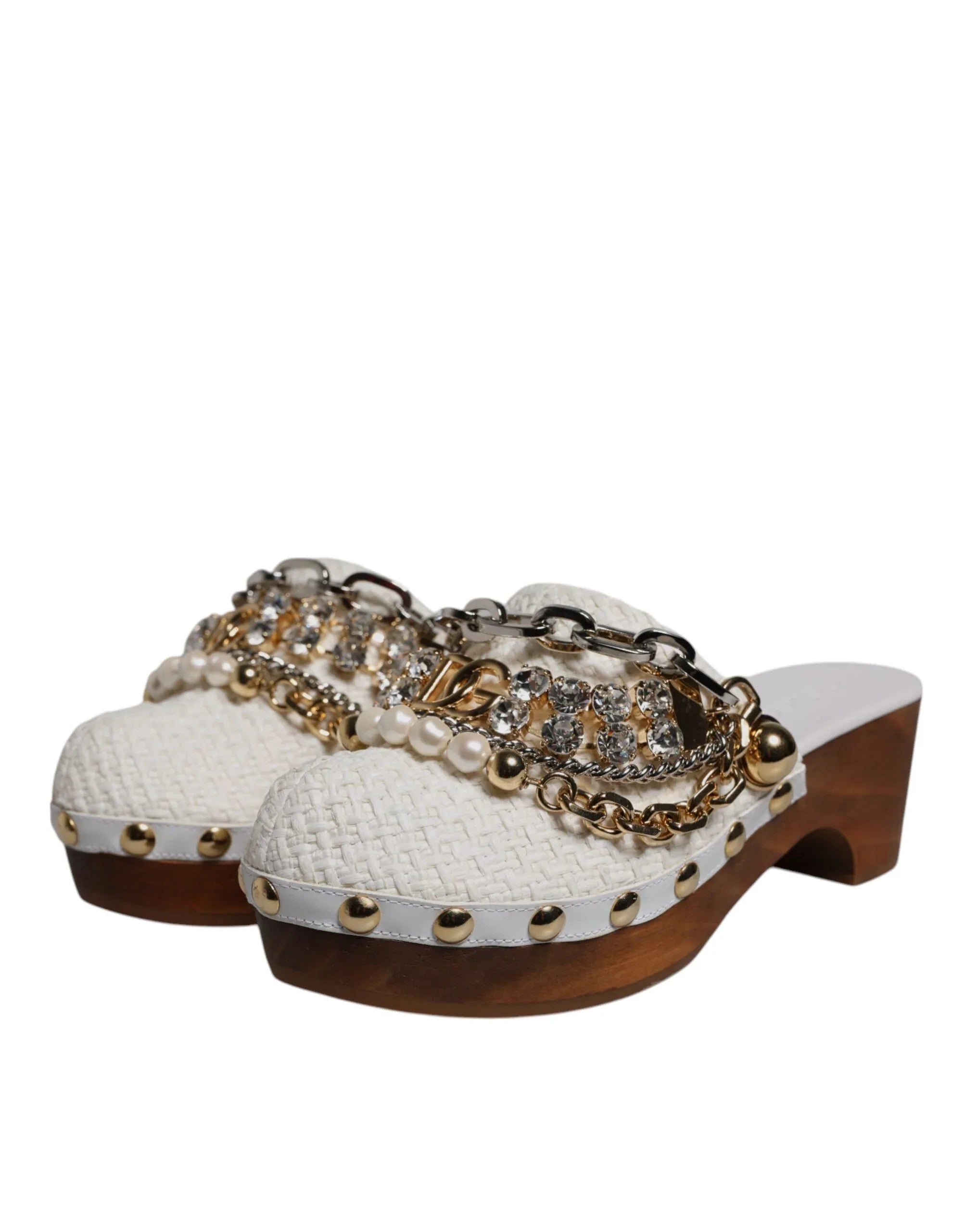 Dolce & Gabbana White Raffia Clogs Bejeweled Chain Sandals Shoes - Zeiniez