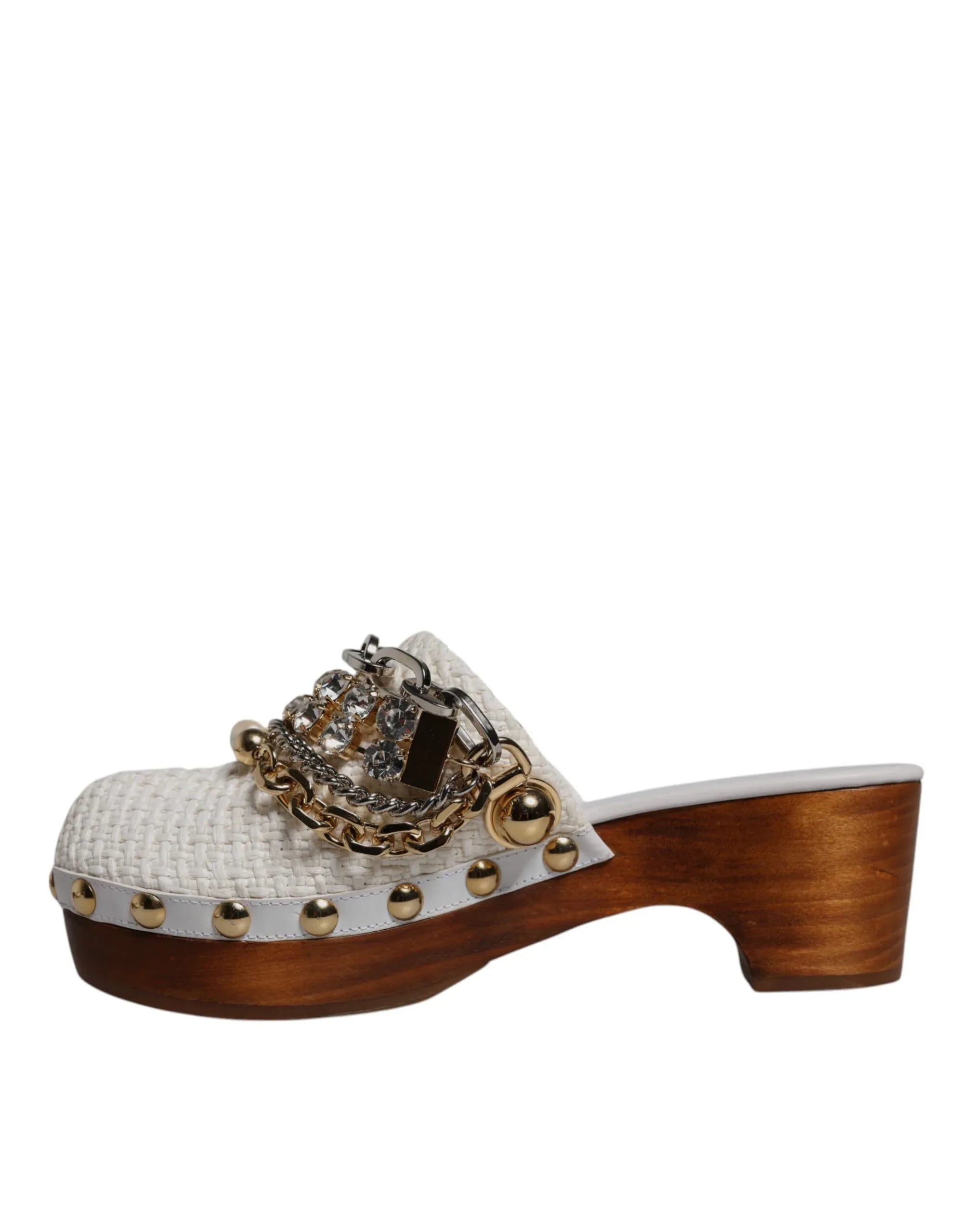 Dolce & Gabbana White Raffia Clogs Bejeweled Chain Sandals Shoes - Zeiniez