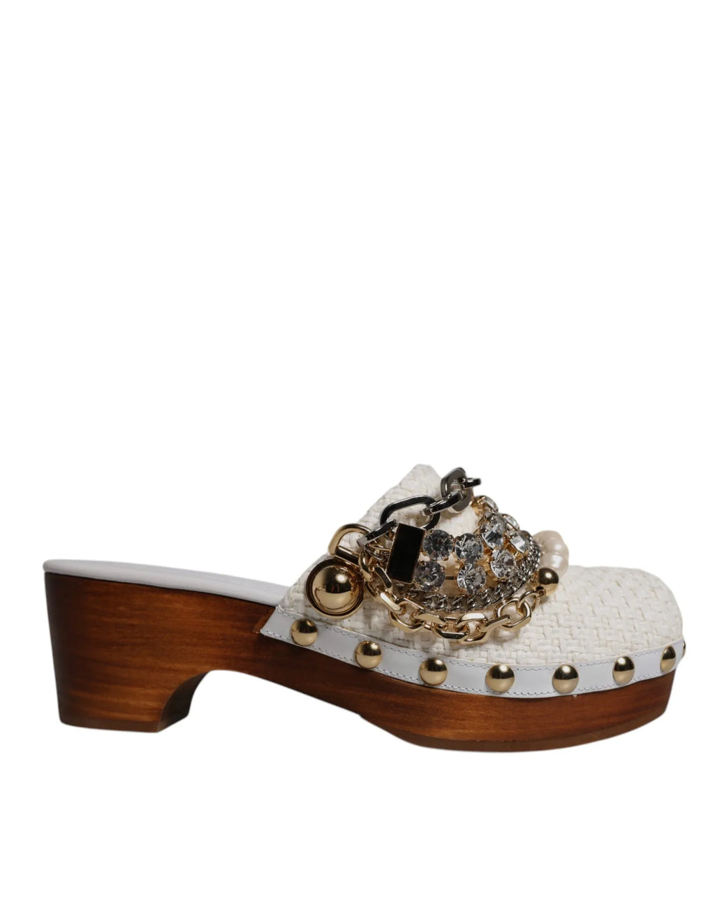 Dolce & Gabbana White Raffia Clogs Bejeweled Chain Sandals Shoes - Zeiniez