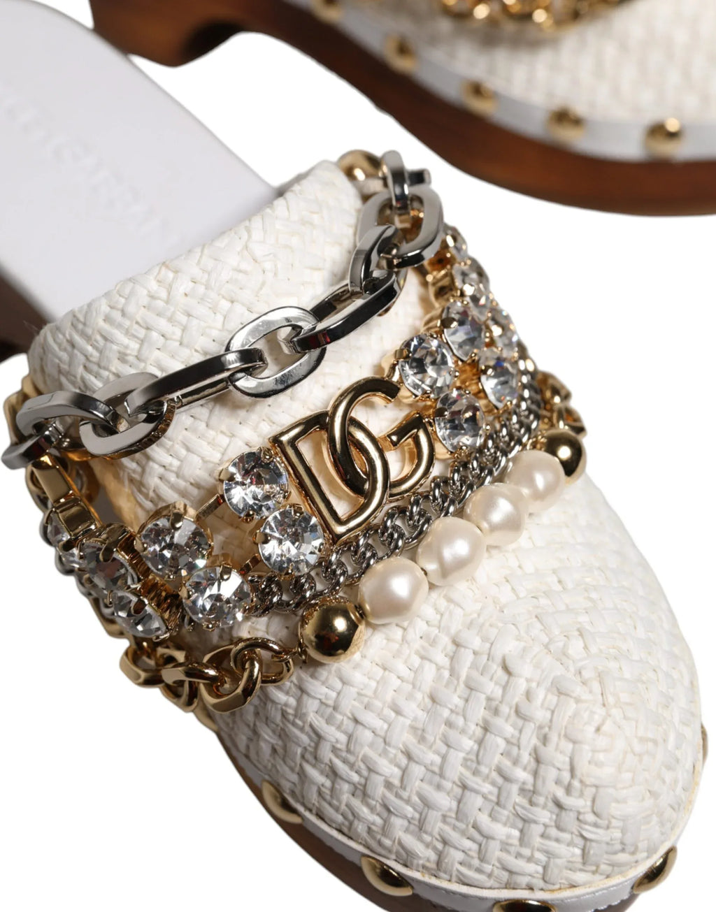 Dolce & Gabbana White Raffia Clogs Bejeweled Chain Sandals Shoes - Zeiniez