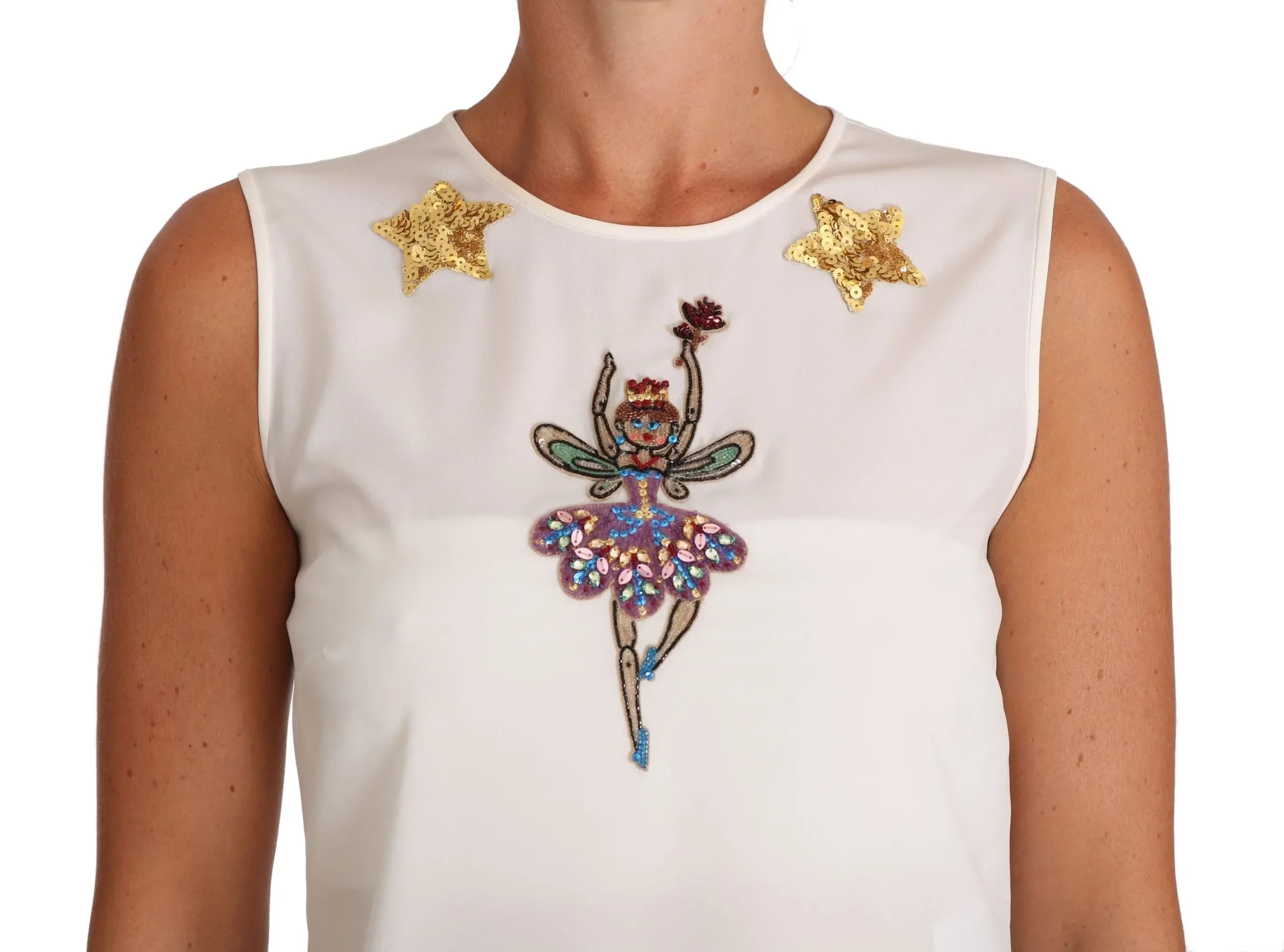 Dolce & Gabbana White Silk Embellished Crystal Sequin Fairy Top - Zeiniez