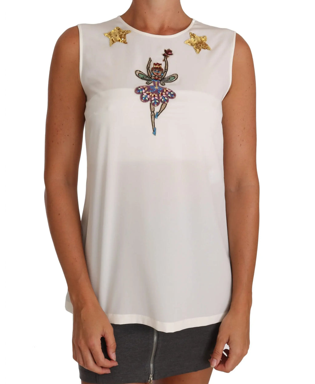 Dolce & Gabbana White Silk Embellished Crystal Sequin Fairy Top - Zeiniez