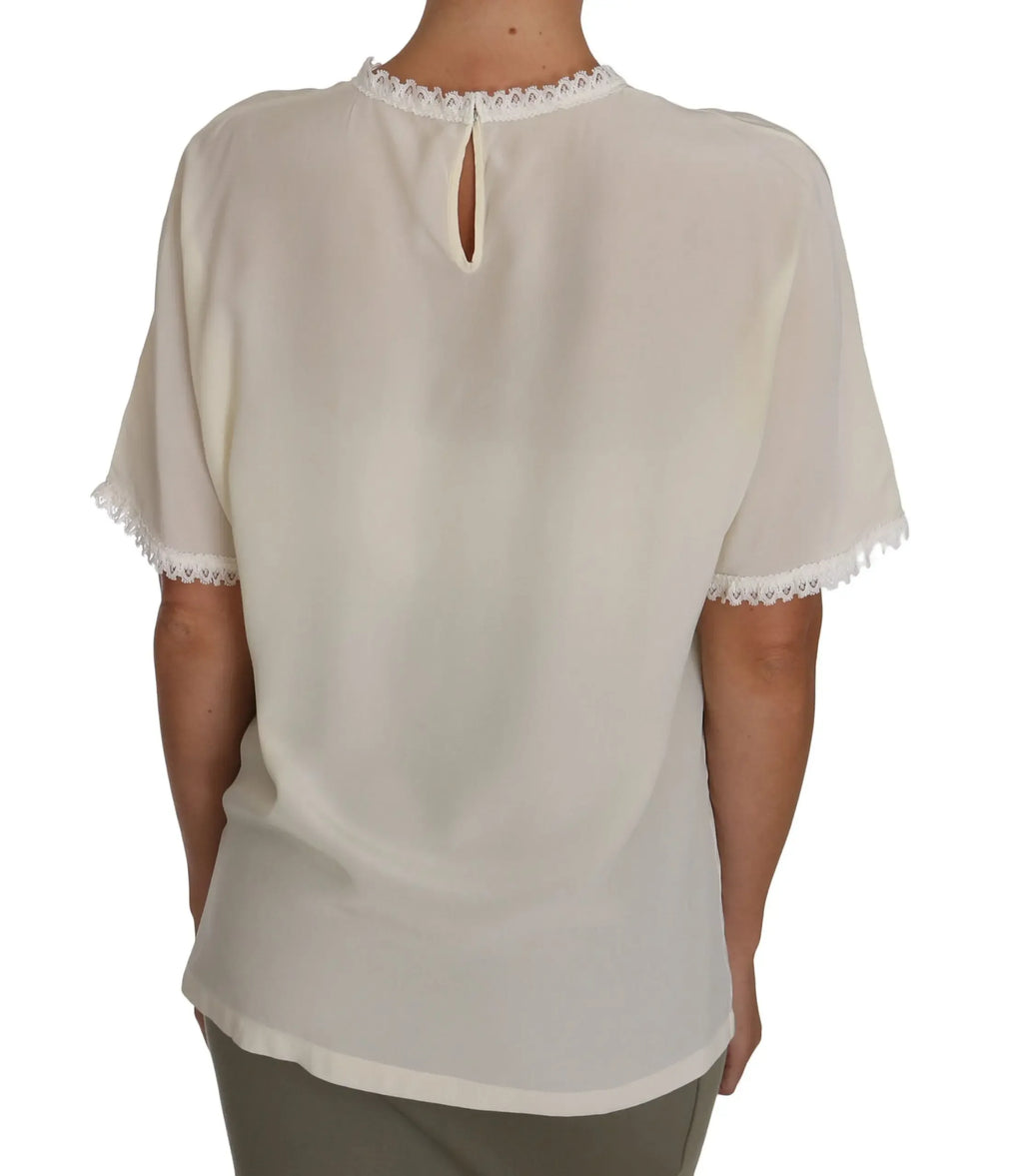 Dolce & Gabbana White Cream Silk Lace Top Blouse T-Shirt - Zeiniez