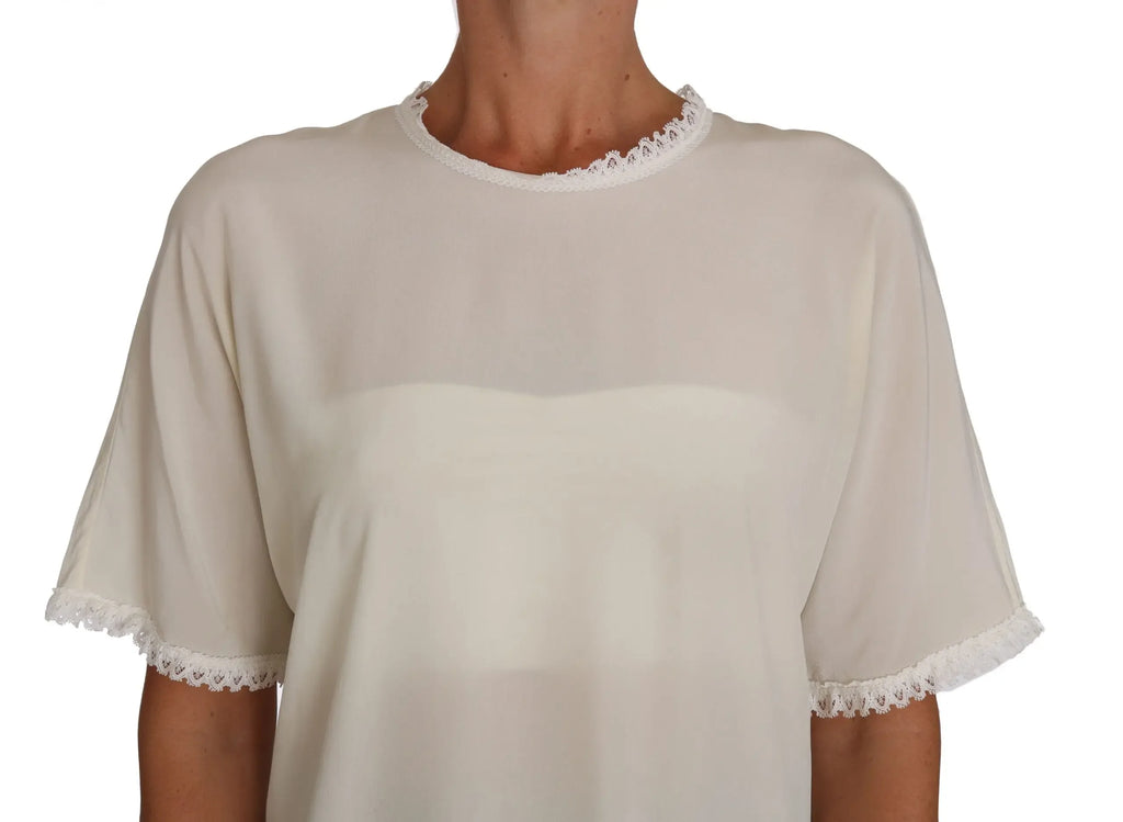 Dolce & Gabbana White Cream Silk Lace Top Blouse T-Shirt - Zeiniez