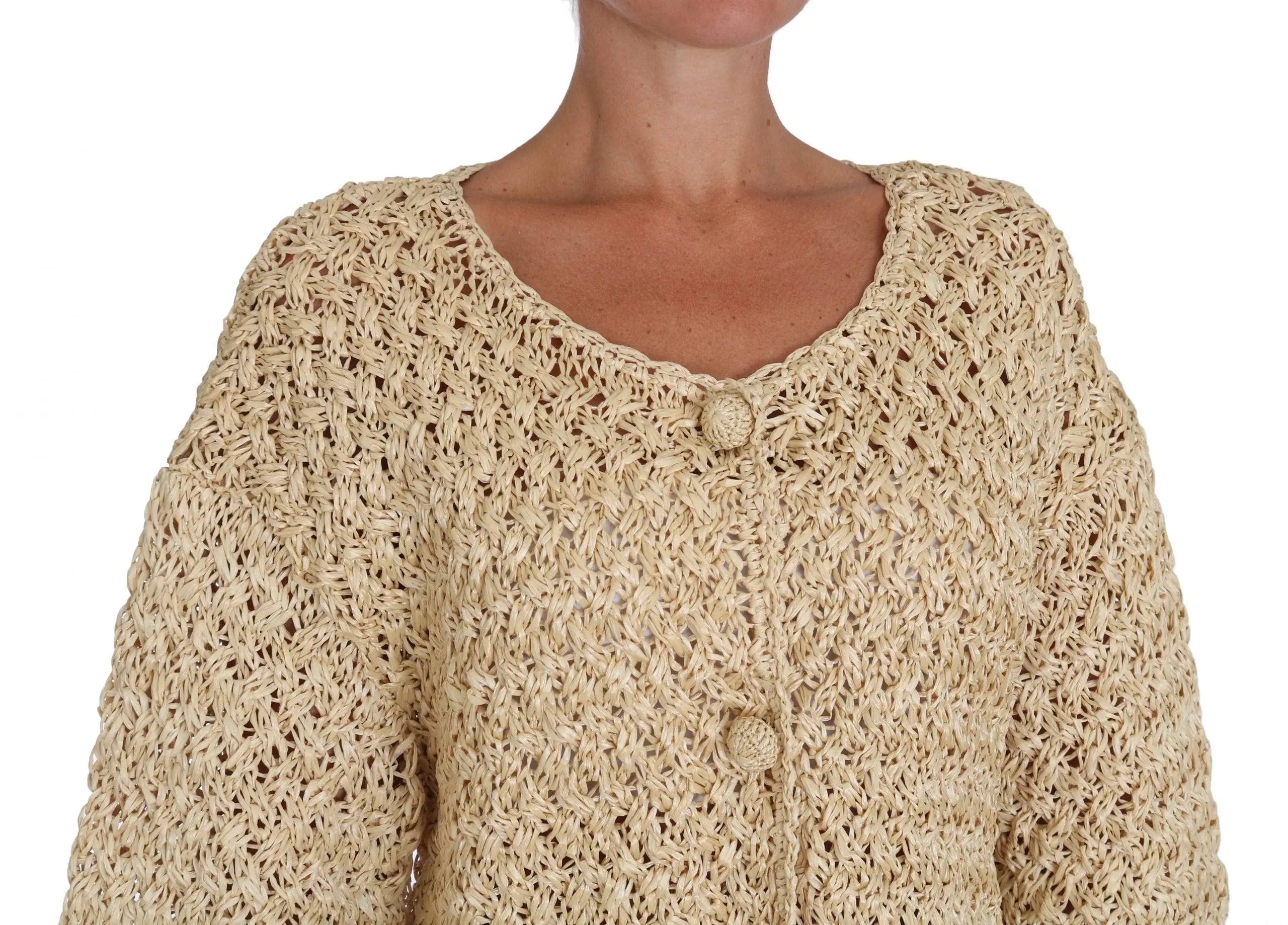 Dolce & Gabbana Beige Cardigan Crochet Knitted Raffia Sweater - Zeiniez