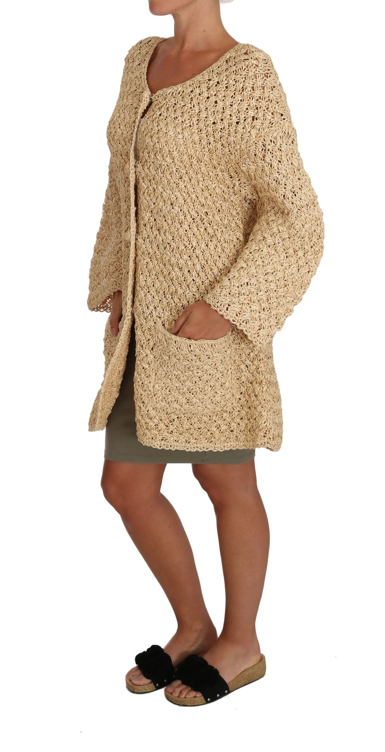 Dolce & Gabbana Beige Cardigan Crochet Knitted Raffia Sweater - Zeiniez