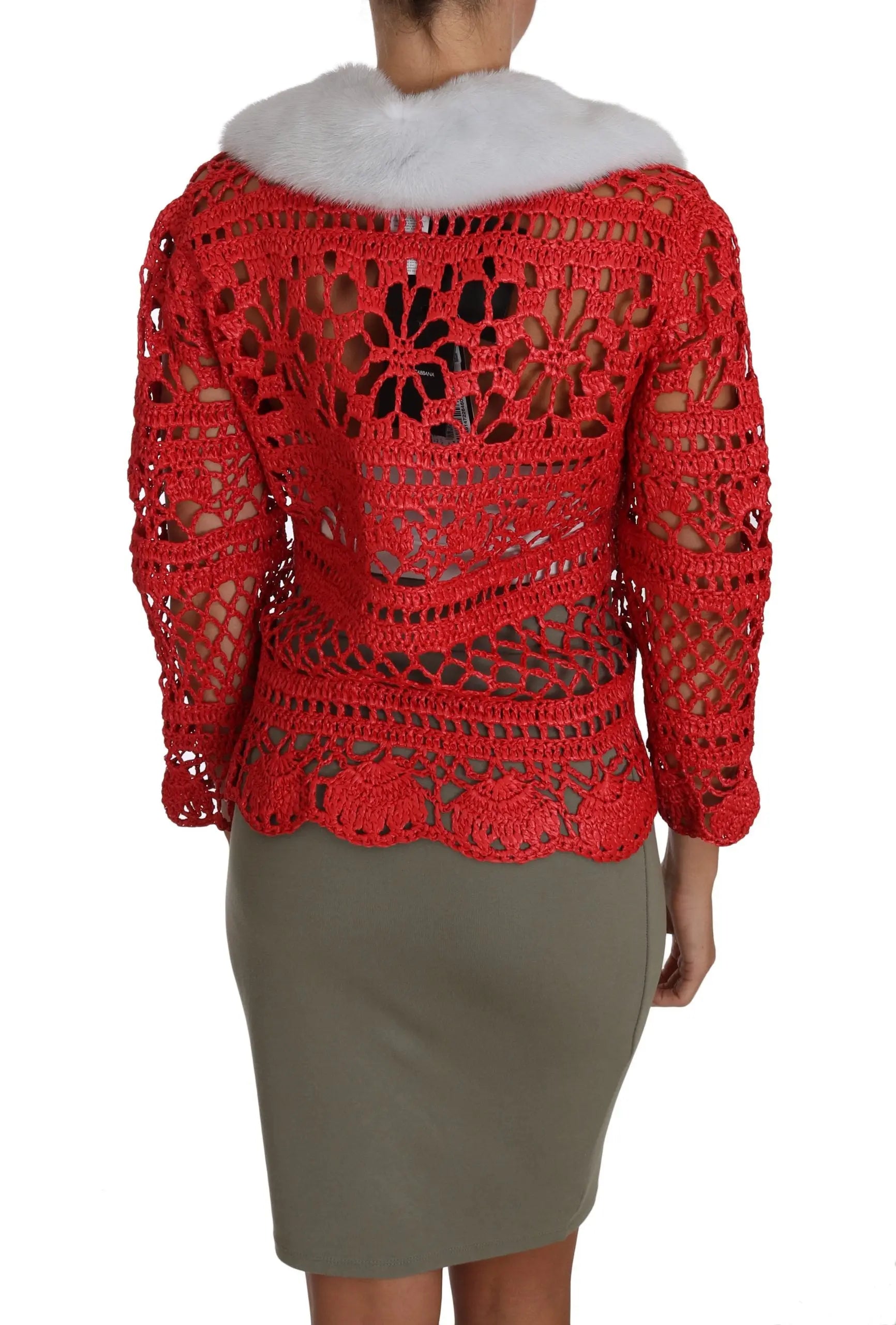 Dolce & Gabbana Red Cardigan Crochet Knit Raffia Sweater - Zeiniez