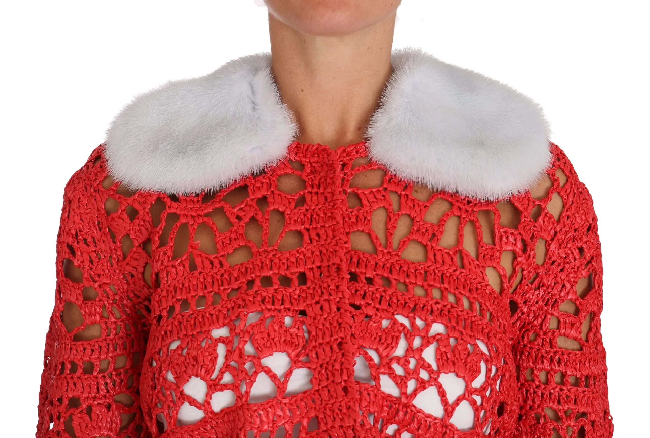 Dolce & Gabbana Red Cardigan Crochet Knit Raffia Sweater - Zeiniez