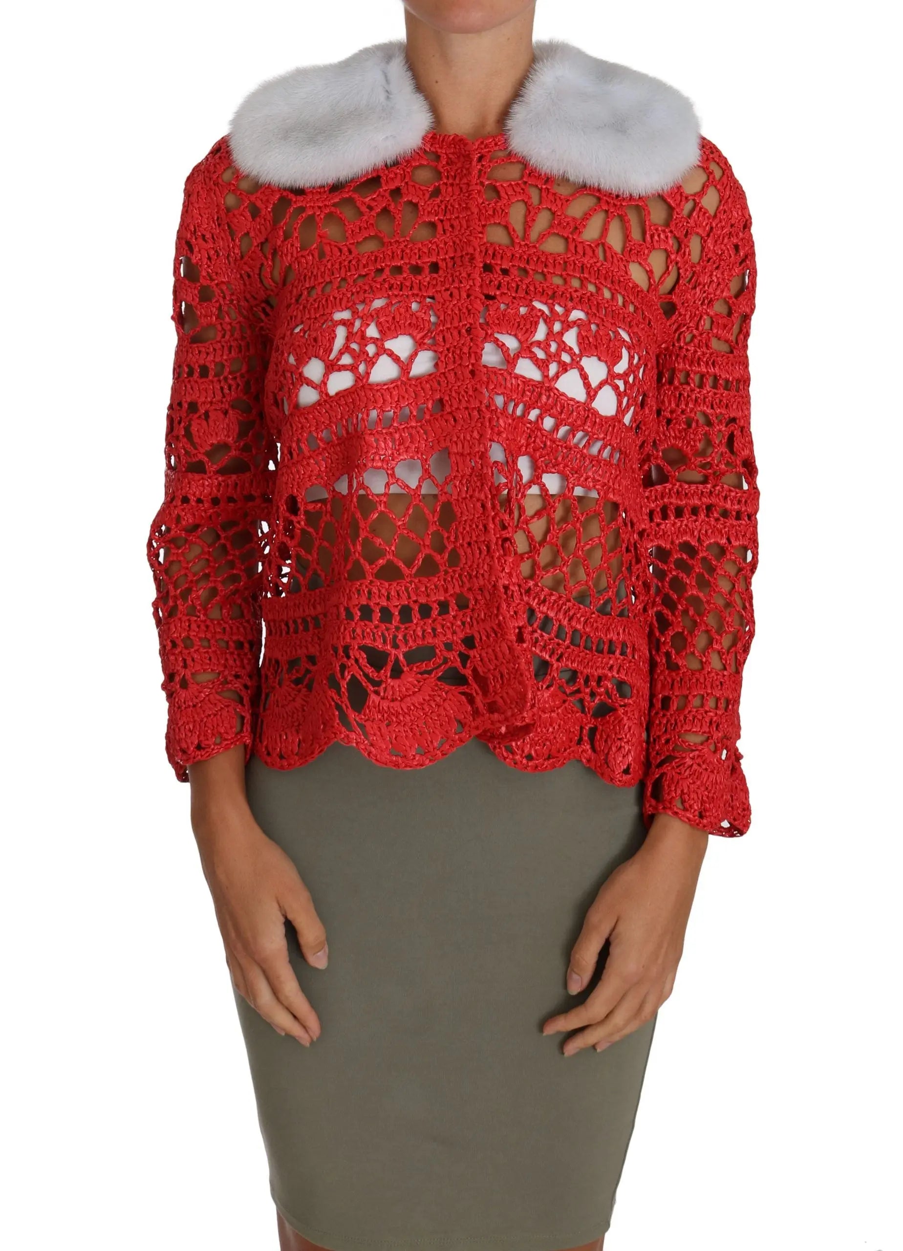 Dolce & Gabbana Red Cardigan Crochet Knit Raffia Sweater - Zeiniez