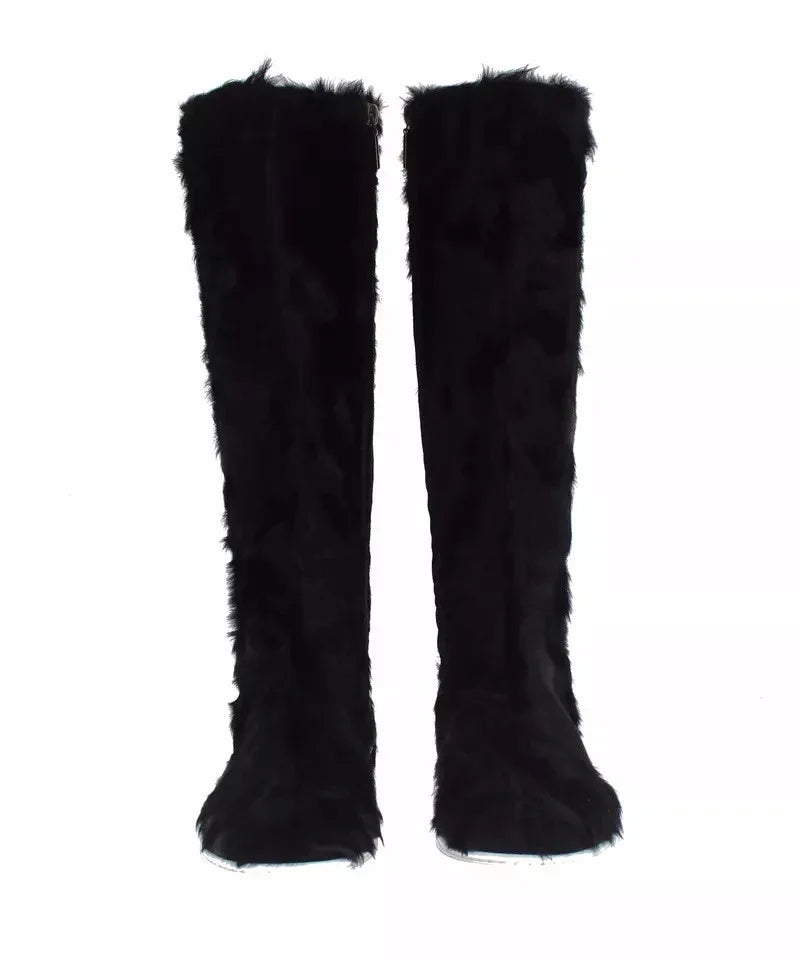 Dolce & Gabbana Black Xiangao Lamb Fur Leather Boots Shoes - Zeiniez