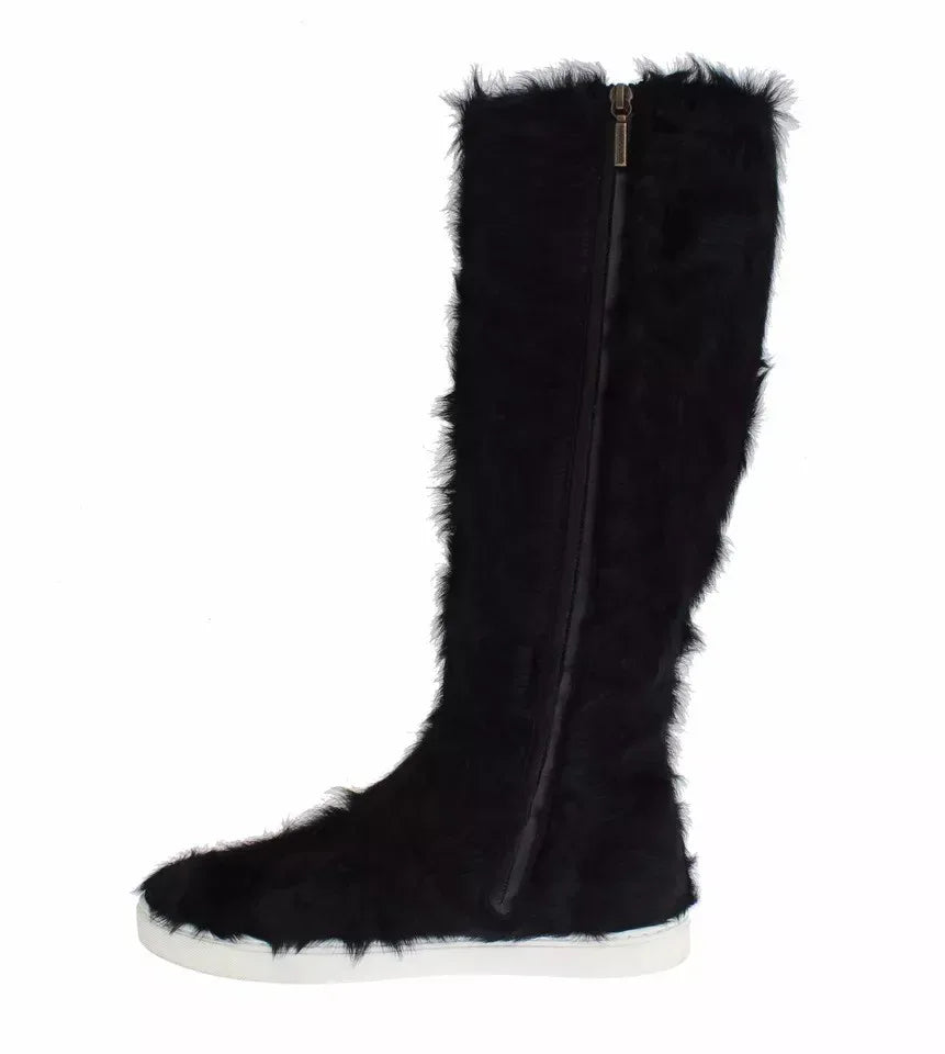 Dolce & Gabbana Black Xiangao Lamb Fur Leather Boots Shoes - Zeiniez