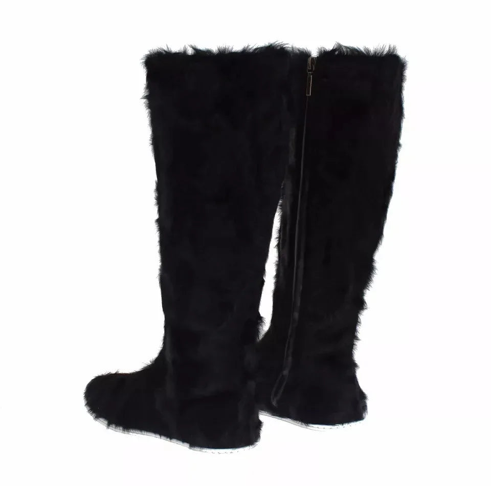 Dolce & Gabbana Black Xiangao Lamb Fur Leather Boots Shoes - Zeiniez