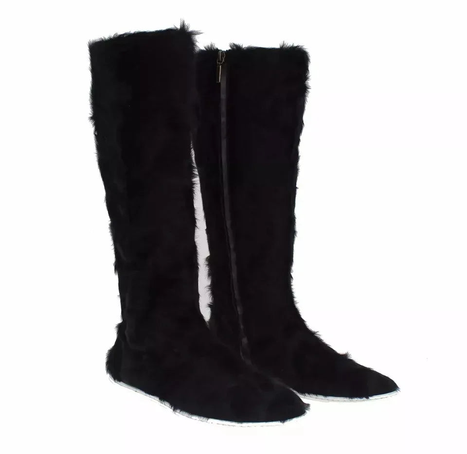 Dolce & Gabbana Black Xiangao Lamb Fur Leather Boots Shoes - Zeiniez