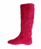 Dolce & Gabbana Pink Lamb Fur Leather Flat Boots Shoes - Zeiniez