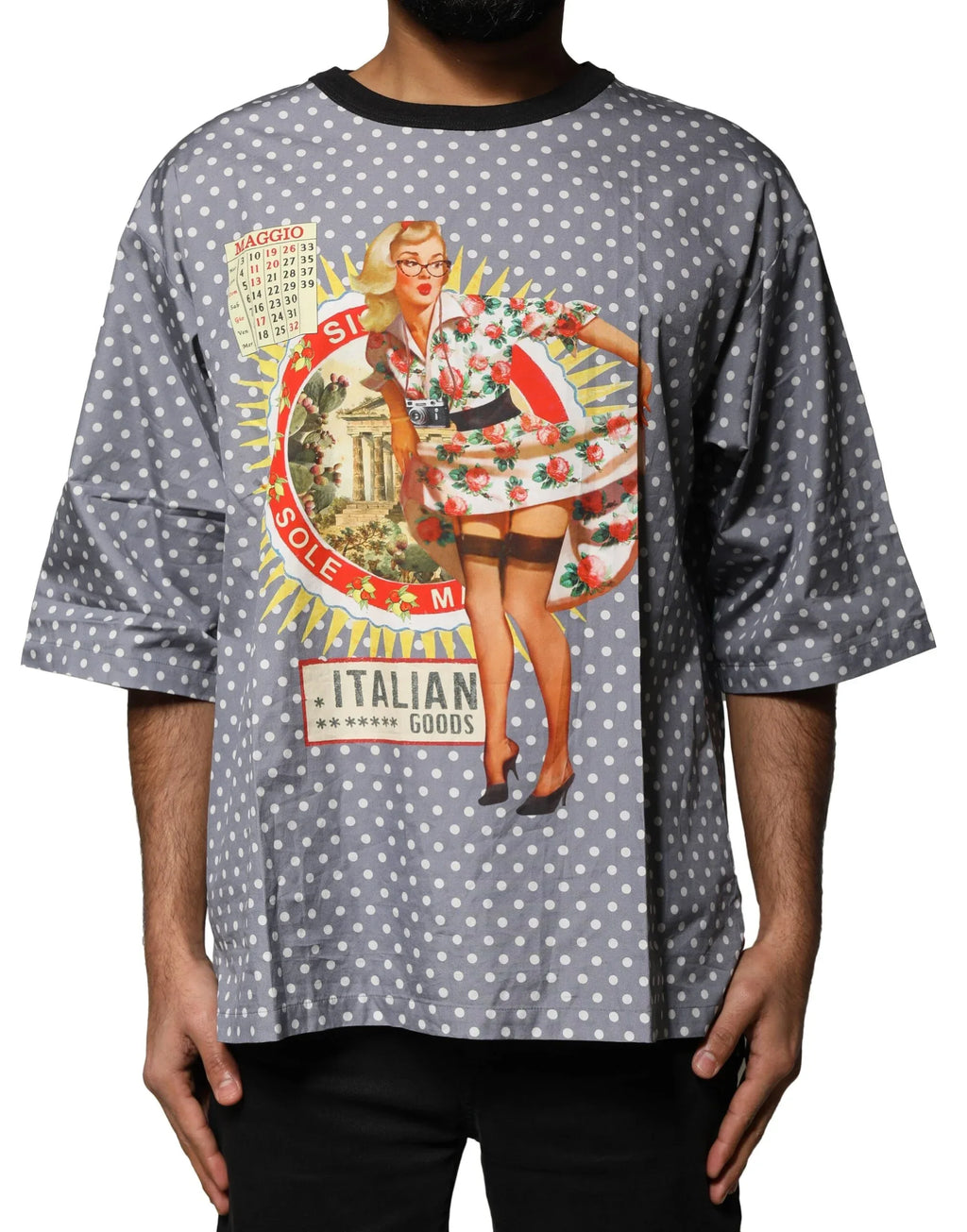 Dolce & Gabbana Gray Polka Dot Pin-Up Print Crew Neck T-shirt - Zeiniez
