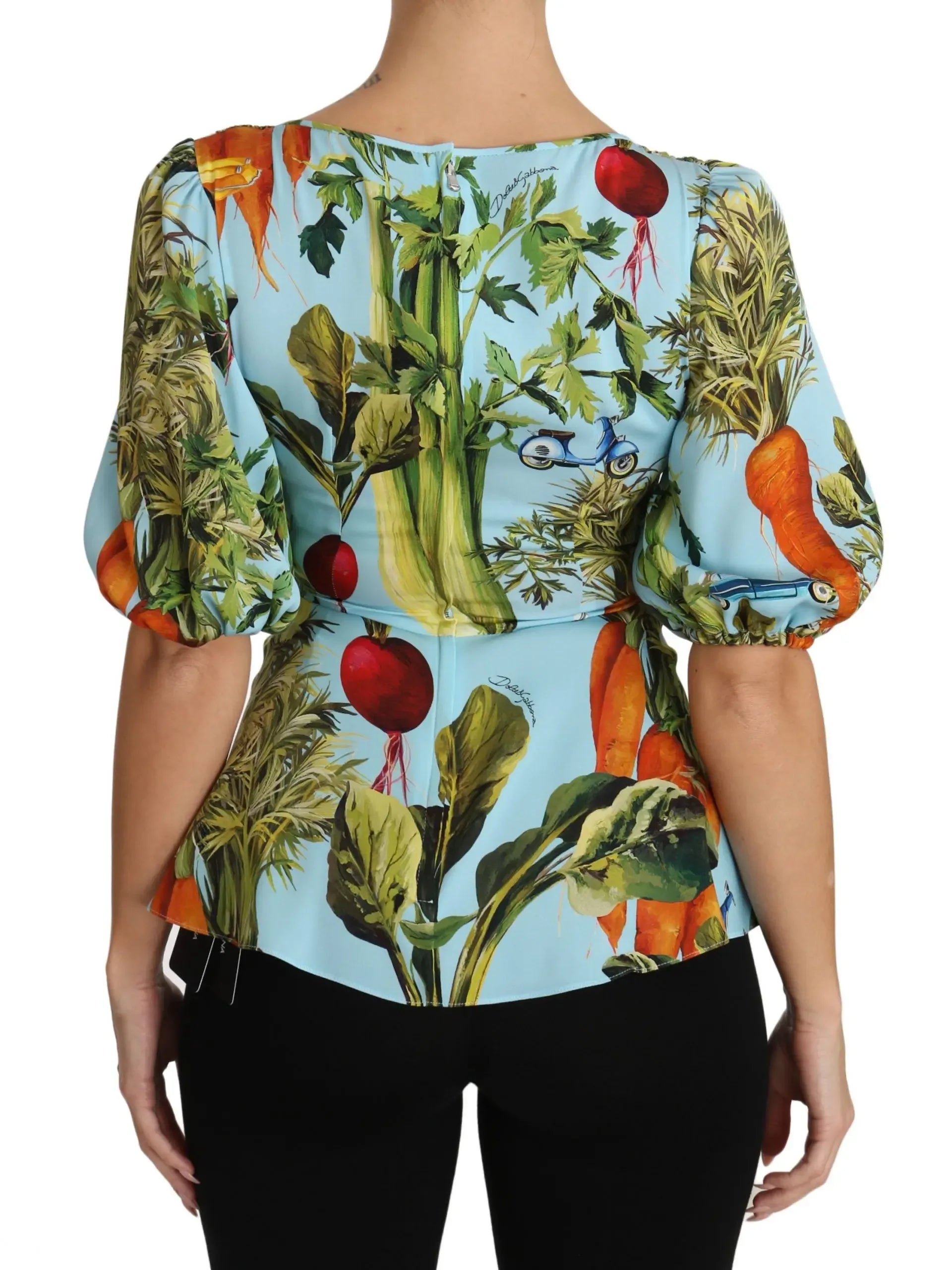 Dolce & Gabbana Multicolor Vegetable Print Silk Top Peplum Wrap Blouse - Zeiniez
