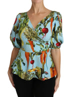 Dolce & Gabbana Multicolor Vegetable Print Silk Top Peplum Wrap Blouse - Zeiniez