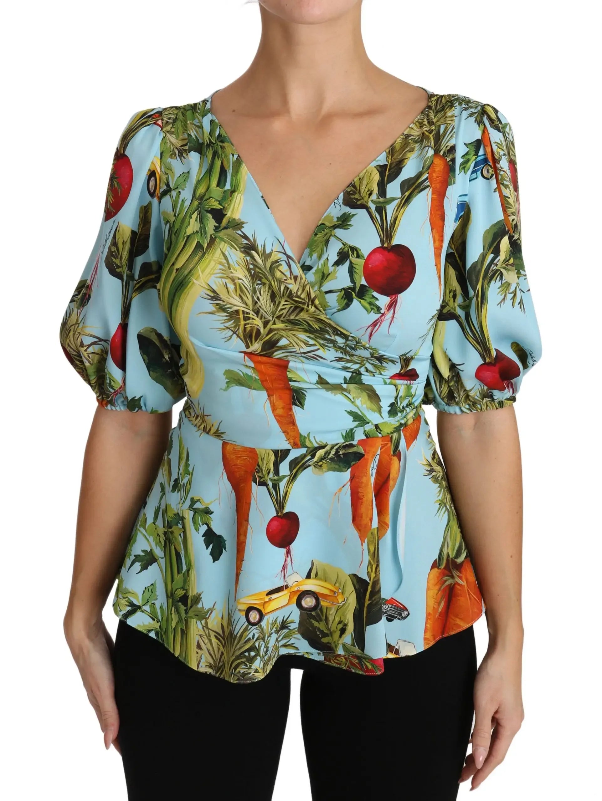 Dolce & Gabbana Multicolor Vegetable Print Silk Top Peplum Wrap Blouse - Zeiniez