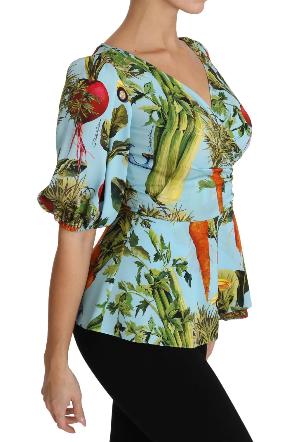 Dolce & Gabbana Multicolor Vegetable Print Silk Top Peplum Wrap Blouse - Zeiniez