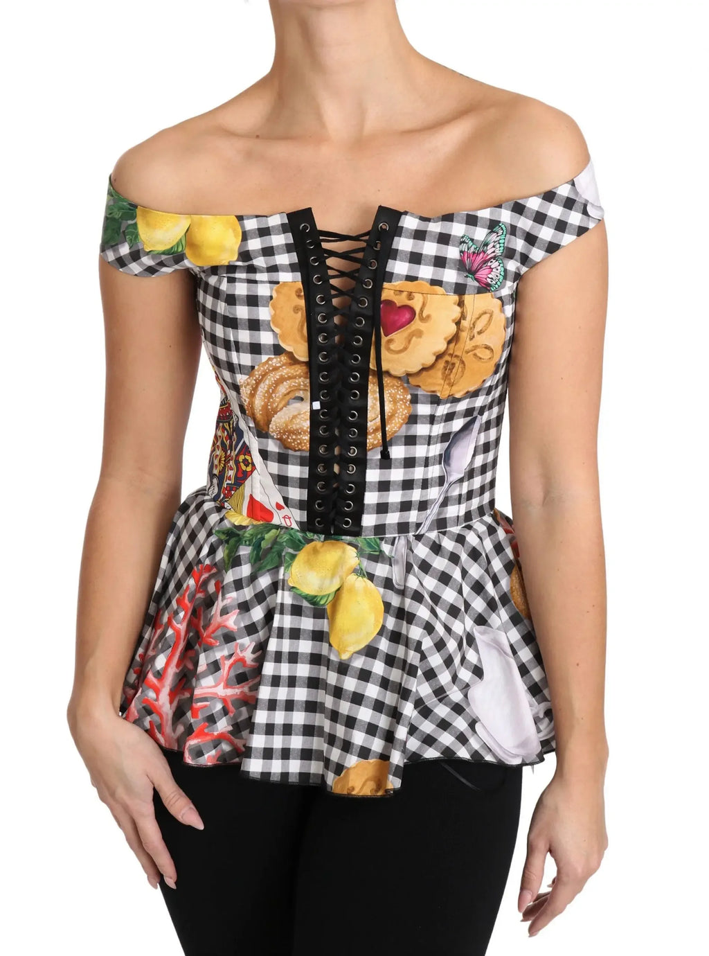 Dolce & Gabbana Black and White Corset Blouse Sicily Lemon Check Top - Zeiniez