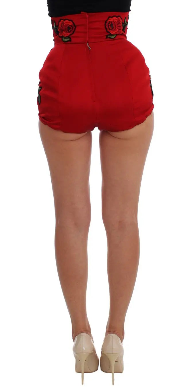 Dolce & Gabbana Red Silk Crystal Roses Shorts Dolce & Gabbana