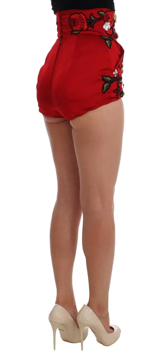 Dolce & Gabbana Red Silk Crystal Roses Shorts - Zeiniez