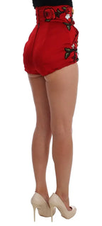 Dolce & Gabbana Red Silk Crystal Roses Shorts - Zeiniez
