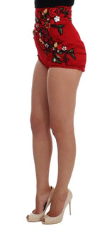 Dolce & Gabbana Red Silk Crystal Roses Shorts - Zeiniez