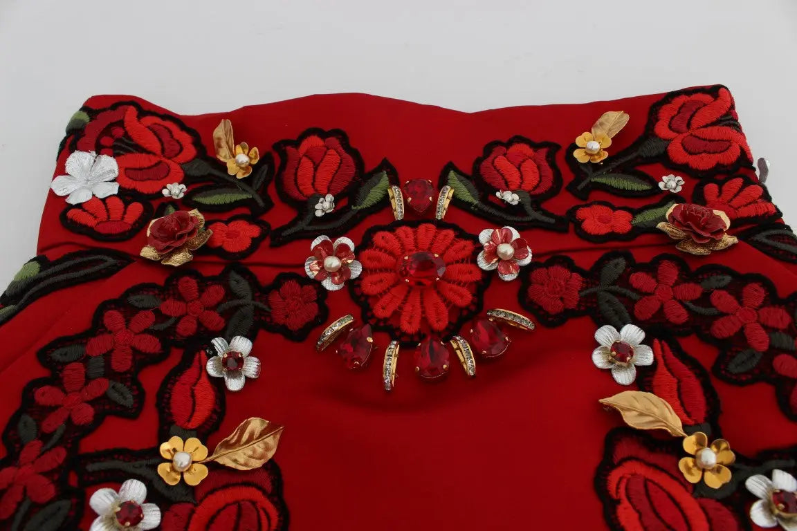 Dolce & Gabbana Red Silk Crystal Roses Shorts Dolce & Gabbana