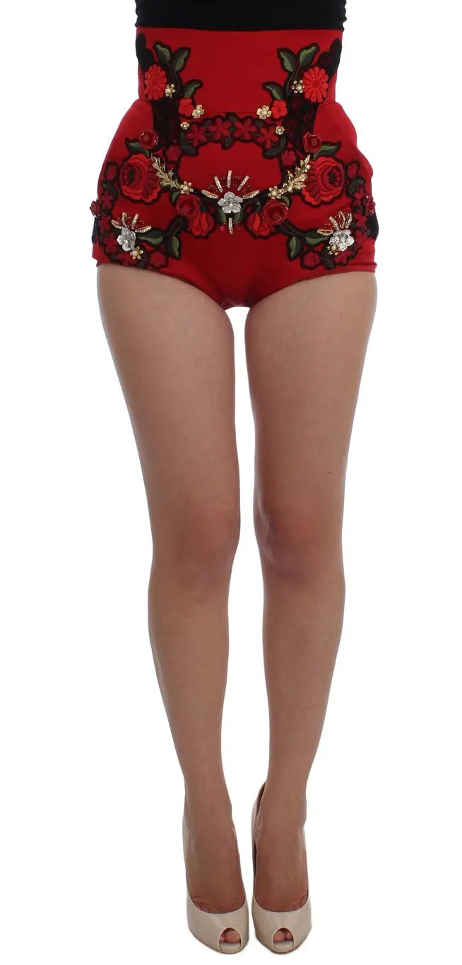 Dolce & Gabbana Red Silk Crystal Roses Shorts Dolce & Gabbana