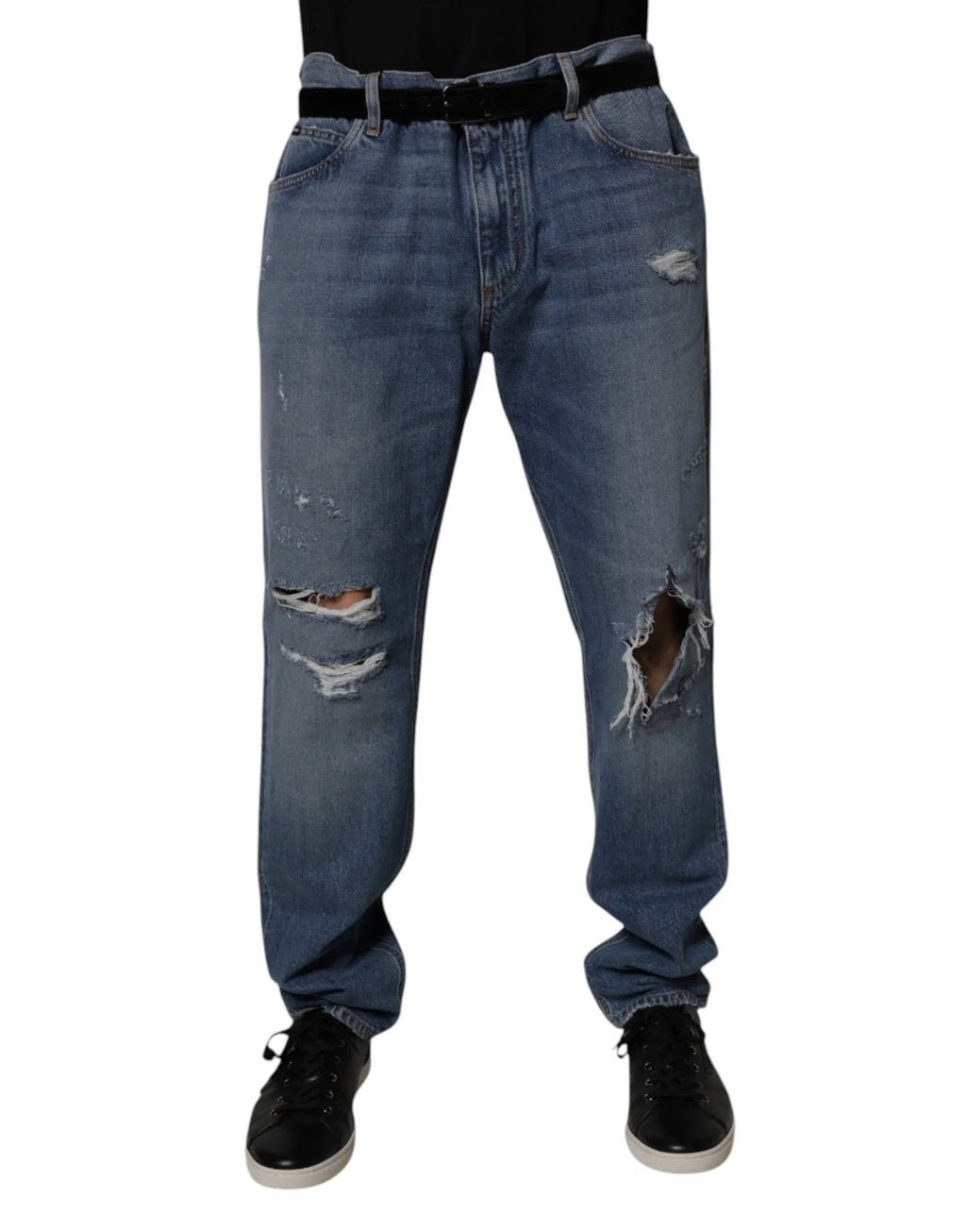 Dolce & Gabbana Blue Tattered Cotton Straight Denim Jeans - Zeiniez
