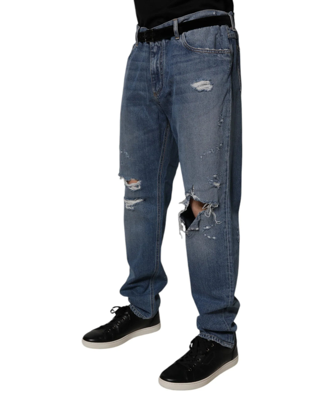 Dolce & Gabbana Blue Tattered Cotton Straight Denim Jeans - Zeiniez