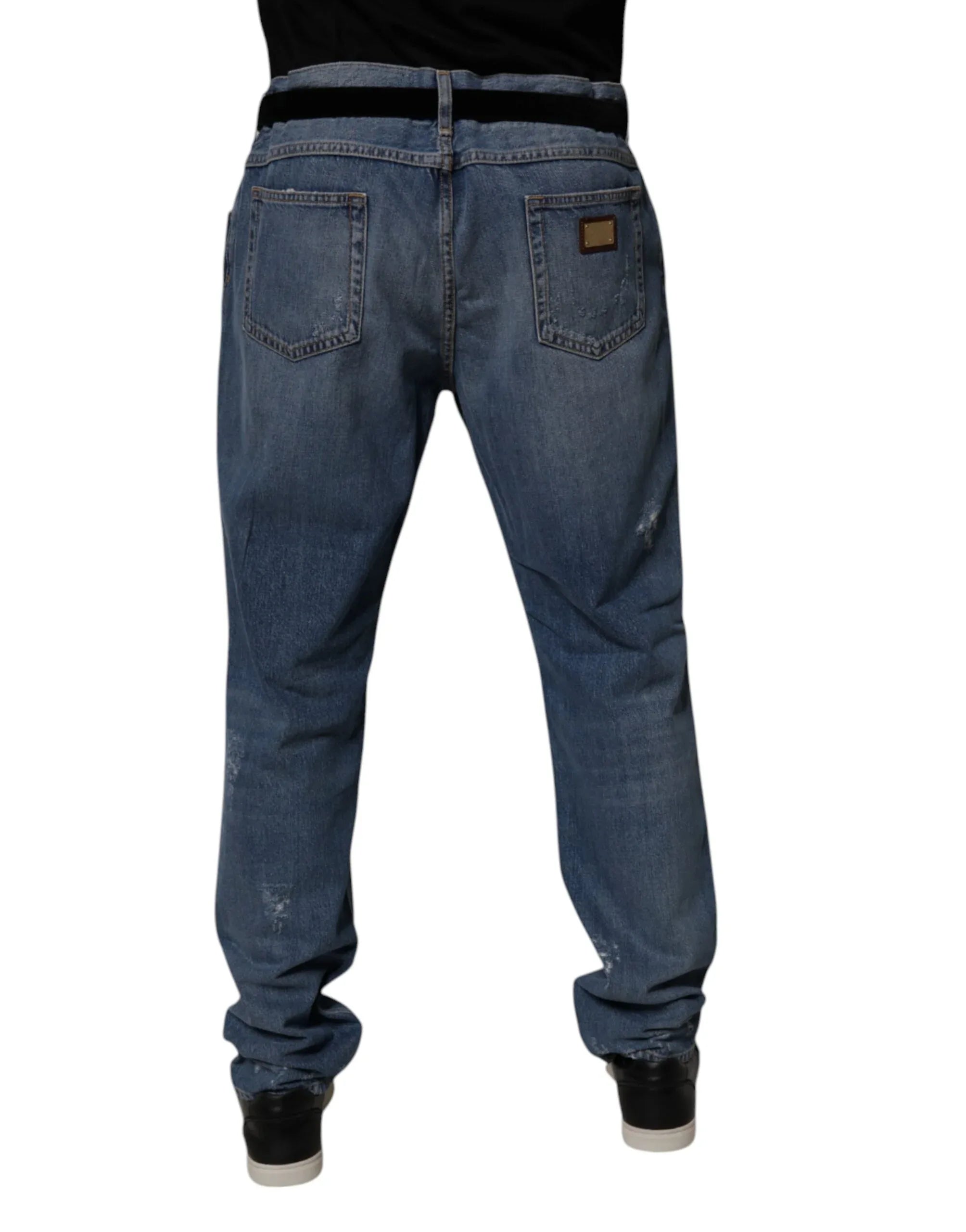 Dolce & Gabbana Blue Tattered Cotton Straight Denim Jeans - Zeiniez