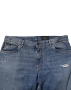 Dolce & Gabbana Blue Tattered Cotton Straight Denim Jeans - Zeiniez