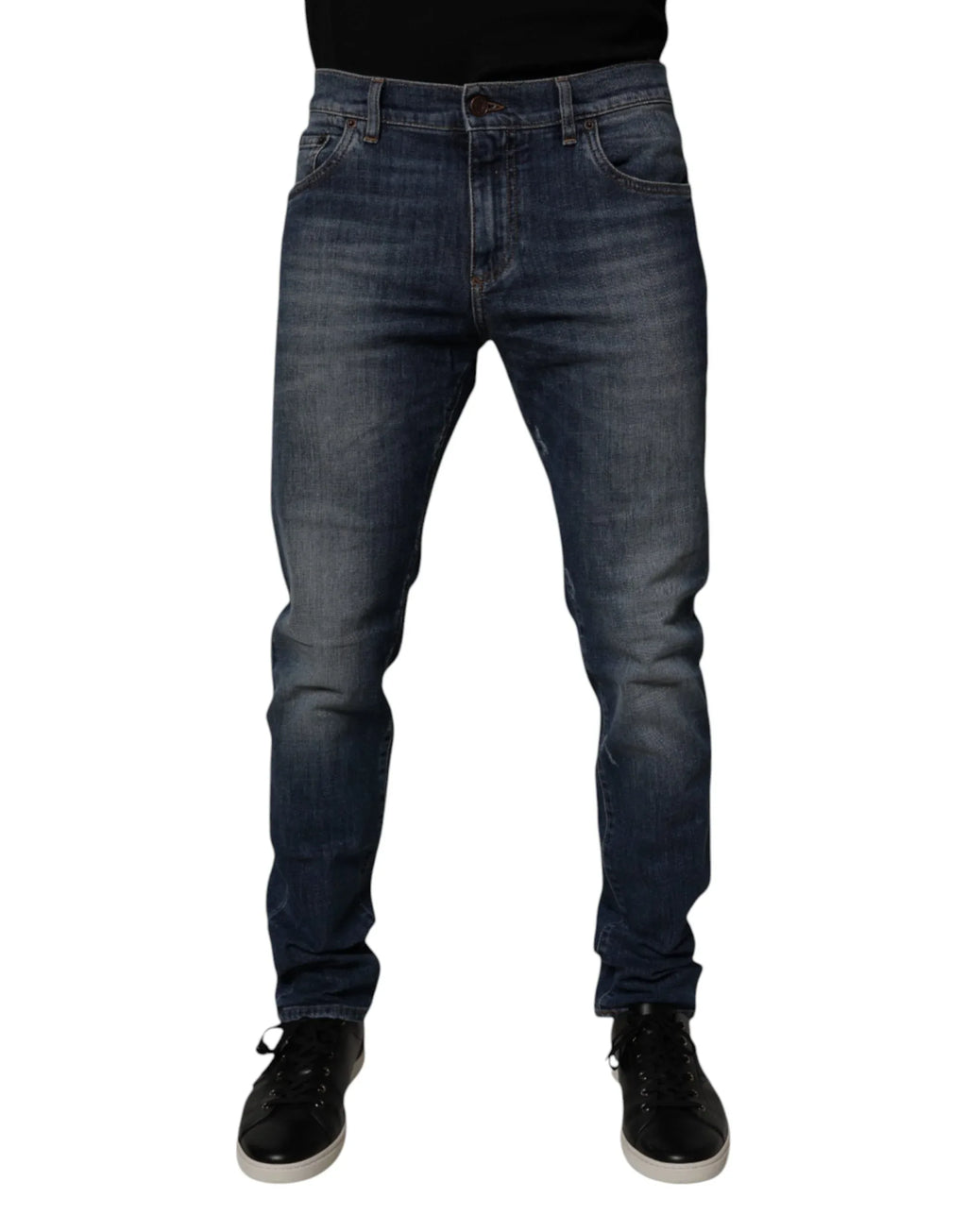 Dolce & Gabbana Dark Blue Cotton Leather Skinny Denim Jeans - Zeiniez