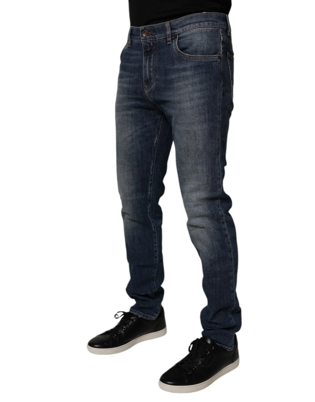 Dolce & Gabbana Dark Blue Cotton Leather Skinny Denim Jeans - Zeiniez