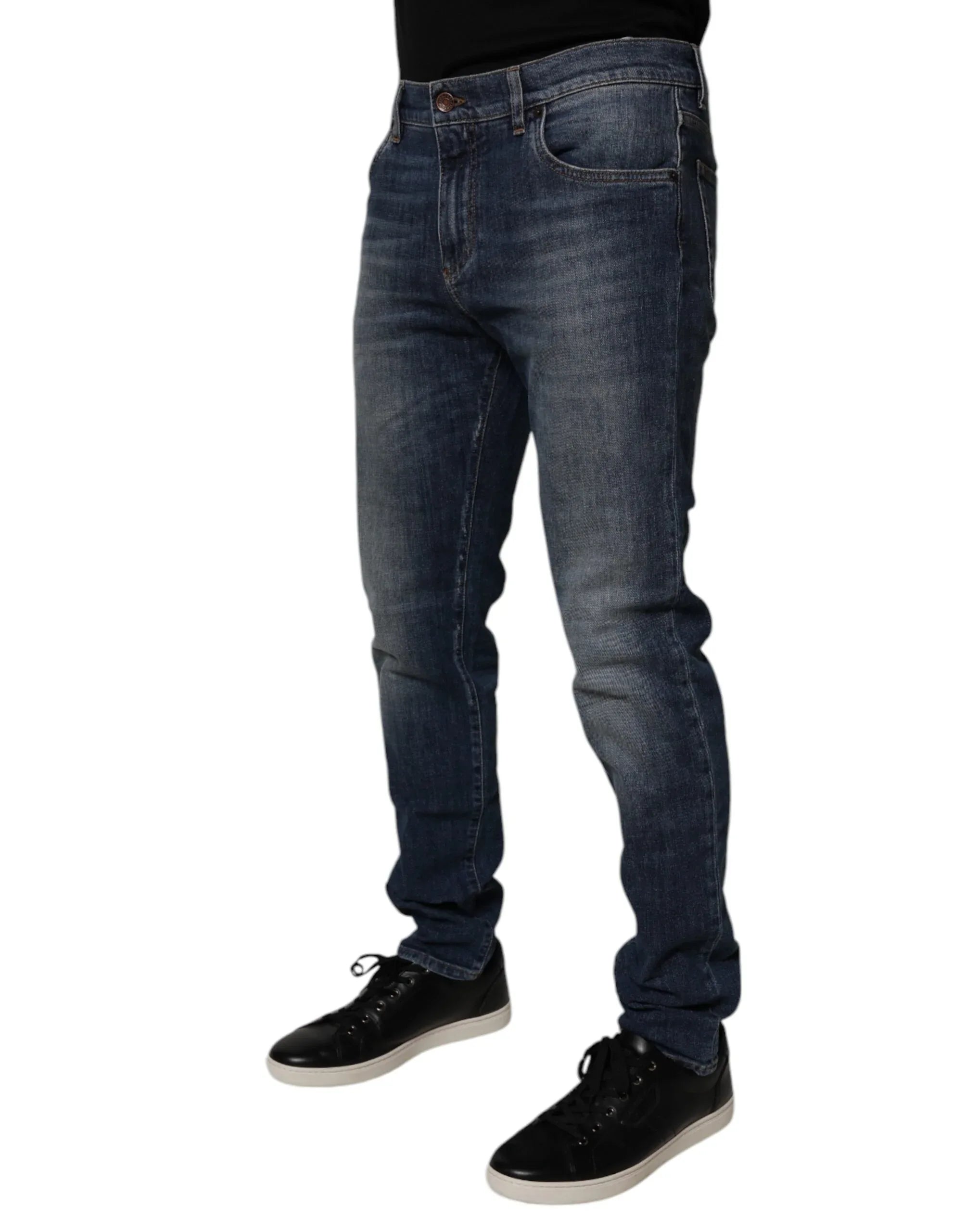 Dolce & Gabbana Dark Blue Cotton Leather Skinny Denim Jeans - Zeiniez