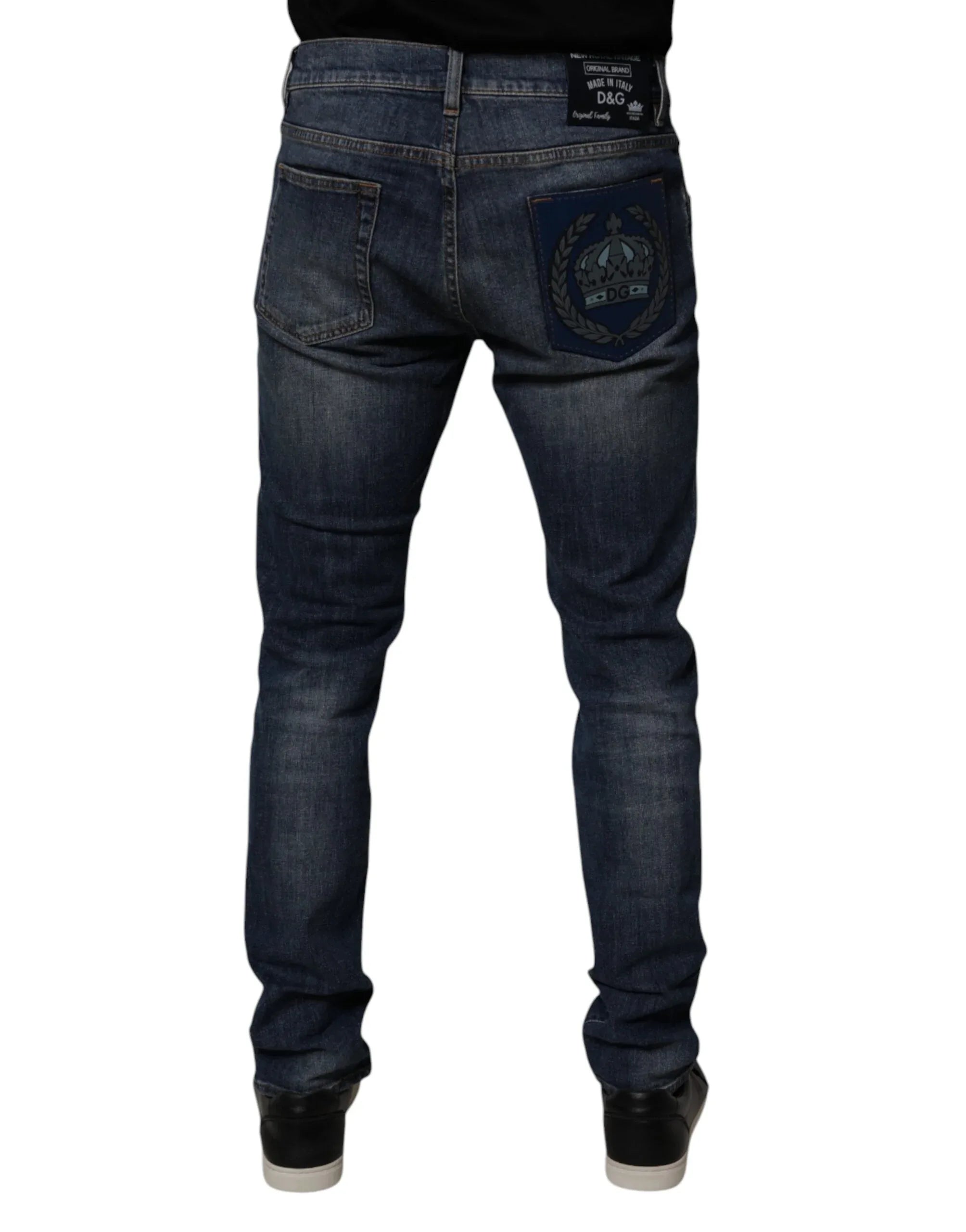 Dolce & Gabbana Dark Blue Cotton Leather Skinny Denim Jeans - Zeiniez