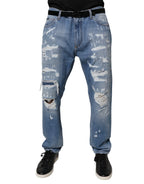 Dolce & Gabbana Blue Tattered Straight Cotton Denim Jeans - Zeiniez