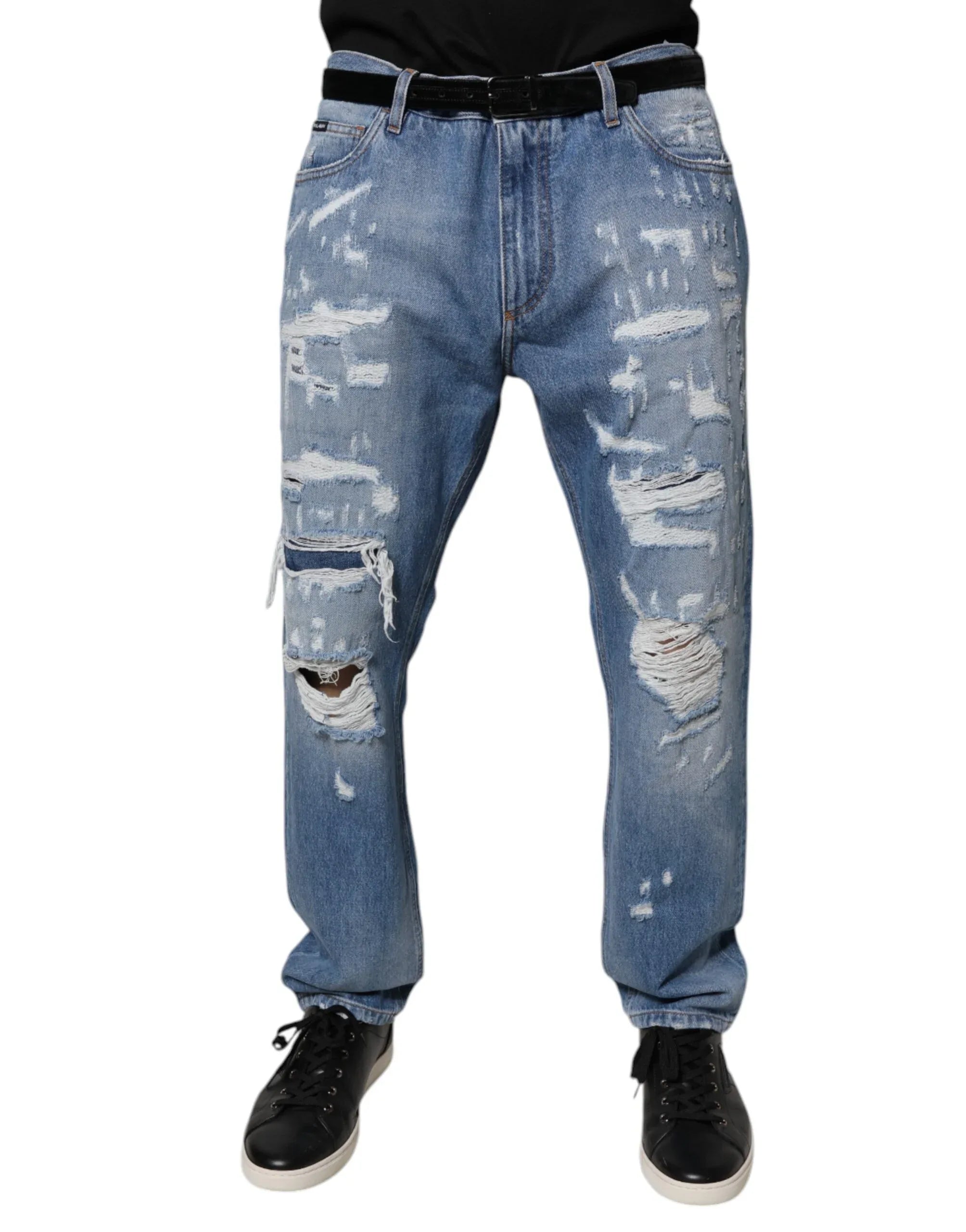 Dolce & Gabbana Blue Tattered Straight Cotton Denim Jeans - Zeiniez