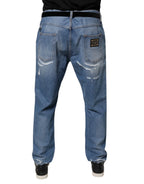 Dolce & Gabbana Blue Tattered Straight Cotton Denim Jeans - Zeiniez