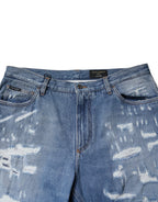 Dolce & Gabbana Blue Tattered Straight Cotton Denim Jeans - Zeiniez