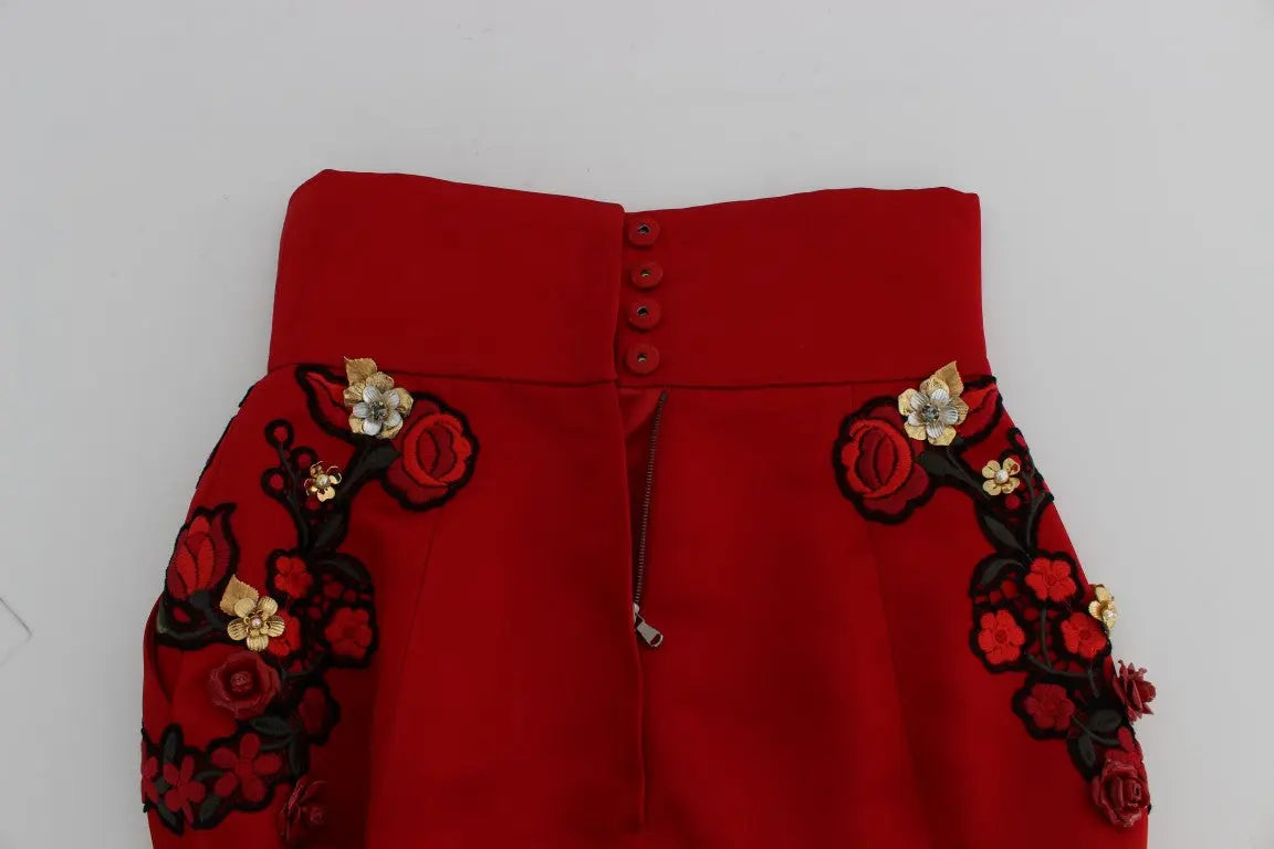 Dolce & Gabbana Red Silk Crystal Roses Shorts Dolce & Gabbana
