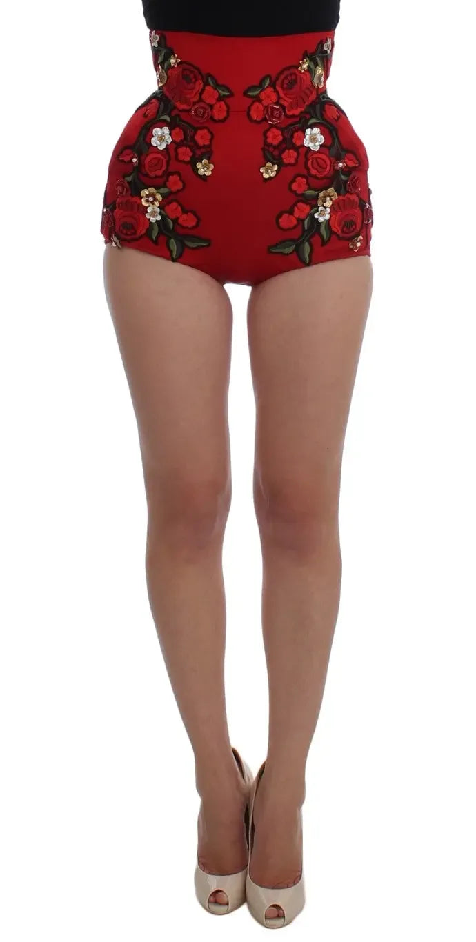 Dolce & Gabbana Red Silk Roses Sicily Shorts - Zeiniez