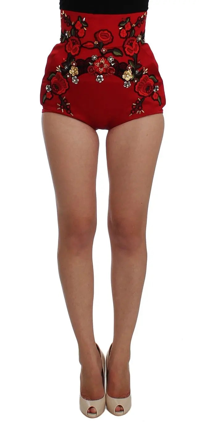 Dolce & Gabbana Red Silk Crystal Roses Shorts Dolce & Gabbana